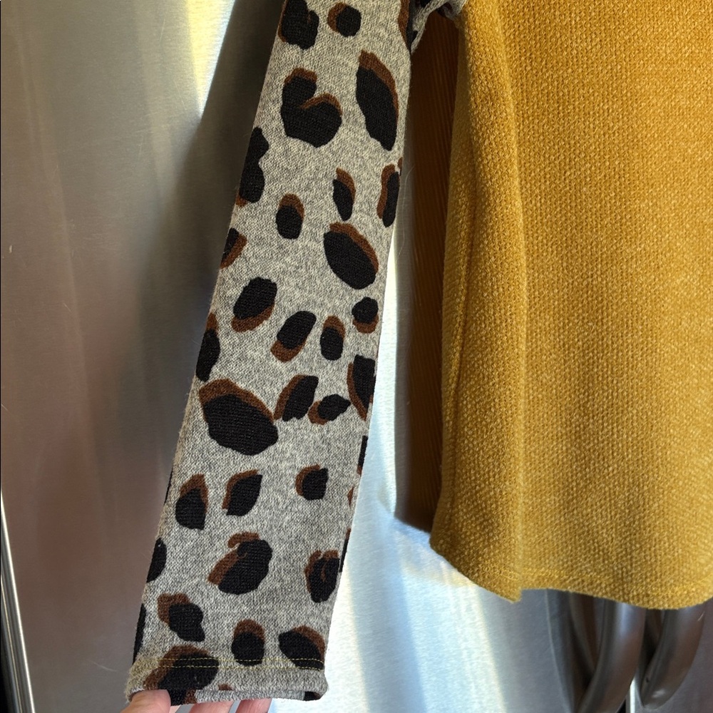 Mustard Cowl Neck Sweater with Leopard Print Sleeves - Picture 4 of 6